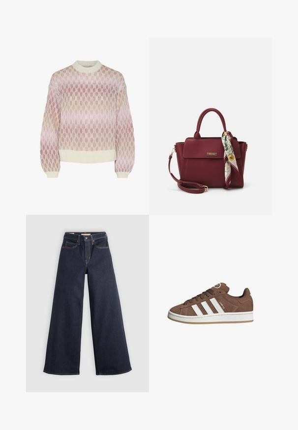 Neulepusero pyöreällä kauluksella, jossa on pehmeän vaaleanpunaisia ja beigejä sävyjä sisältävä gradienttikuvio, sekä ribbaus hihansuissa ja helmassa.; Valkoinen pitkähihaisten nappipaidan, jossa on terävä kaulus ja kerääntyneet hihansuut, esitelty yksinkertaisella valkoisella taustalla.; Lohkot vaaleat farkut tummansinisinä, joissa on kontrastoiva ompelu. Omistaa perinteisen viiden taskun muotoilun ja napin sulkemisen vyötäröllä.; Valkoiset nahkareunat ja ruskeat samettikankaiset tennarit, joissa on kumipohja, pyöreä kärki ja nauhakiinnitys edessä. Kengissä on logo kielekkeessä ja rei'itettyjä yksityiskohtia.; Burgundy laukku, joka on valmistettu synteettisestä materiaalista ja jossa on jäsennelty muotoilu. Laukussa on irrotettava hihna ja kukkakuosisia huiveja, jotka on sidottu kahvaan.