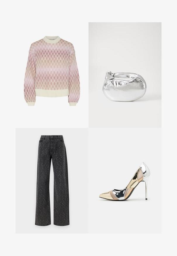 Neulepusero pyöreällä kauluksella, jossa on pehmeän vaaleanpunaisia ja beigejä sävyjä sisältävä gradienttikuvio, sekä ribbaus hihansuissa ja helmassa.; Noisy May NMJANNEL LOOSE - Relaxed fit -farkut - black denim; Korkokenkät, joissa on terävä kärki ja hopea, kultainen sekä nude-väriyhdistelmä. Kiiltävä pinta ja leikkausdesign, varustettuna stikettikorkealla.; Hopeapintainen metallinen pussilaukku, jolla on pehmeä, pyöreä muoto ja solmittava yläosa. Valmistettu sileästä tekonahkamateriaalista.; Hopehope hopeilla, joissa on minimalistinen muotoilu. Pyöreä muoto, sileä pinta ja ohut profiili. Kevyet ja kiillotetut.