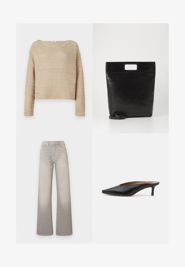 Beige gebreide trui met een losse pasvorm, voorzien van een gestructureerd open geweven ontwerp, ronde halslijn en lange mouwen.; Grijze wijde jeans met een vervaagde afwerking, knoopsluiting, vijfzakkenontwerp en gestikte details langs de naden.; Zwarte leren muiltjes met een puntige neus en een lage, blokhak. Glad oppervlak met een gestroomlijnd ontwerp. Open achterkant met minimale details.; Zwarte leren draagtas met een vierkant handvat, met een gestructureerde afwerking en een reliëflogo. Inclusief een afneembare schouderband.