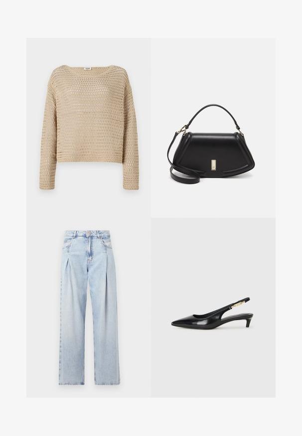 Beige kötött pulóver, laza fazonnal, texturált nyitott szövésű dizájnnal, kerek nyakkivágással és hosszú ujjakkal.; Világoskék farmernadrág magas derekú, bő szabású, két oldalsó zsebbel és pliszírozott dizájnnal. Puha tapintású, elhalványított felület.; Fekete bőr slingback magassarkúk, hegyes orral, vékony sarkakkal és arany színű részlettel a állítható pánton. Simа felület.; Fekete bőr kézitáska, strukturált dizájnnal, rövidített formával, felső fogantyúval és arany színű kiegészítőkkel. Állítható vállpánt is tartozik hozzá.
