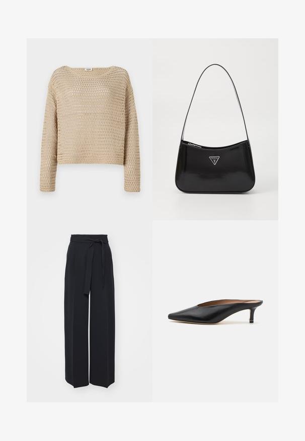 Beige gebreide trui met een losse pasvorm, voorzien van een gestructureerd open geweven ontwerp, ronde halslijn en lange mouwen.; Zwarte wijde broek van zachte stof. Voorzien van een ceintuur en plooien aan de voorkant. Glad textuur met een strakke, hedendaagse stijl.; Zwarte leren muiltjes met een puntige neus en een lage, blokhak. Glad oppervlak met een gestroomlijnd ontwerp. Open achterkant met minimale details.; Zwarte lakleren schoudertas met een gebogen vorm, voorzien van een zilveren driehoeklogo en een ritssluiting. Gladde textuur en slanke schouderband.