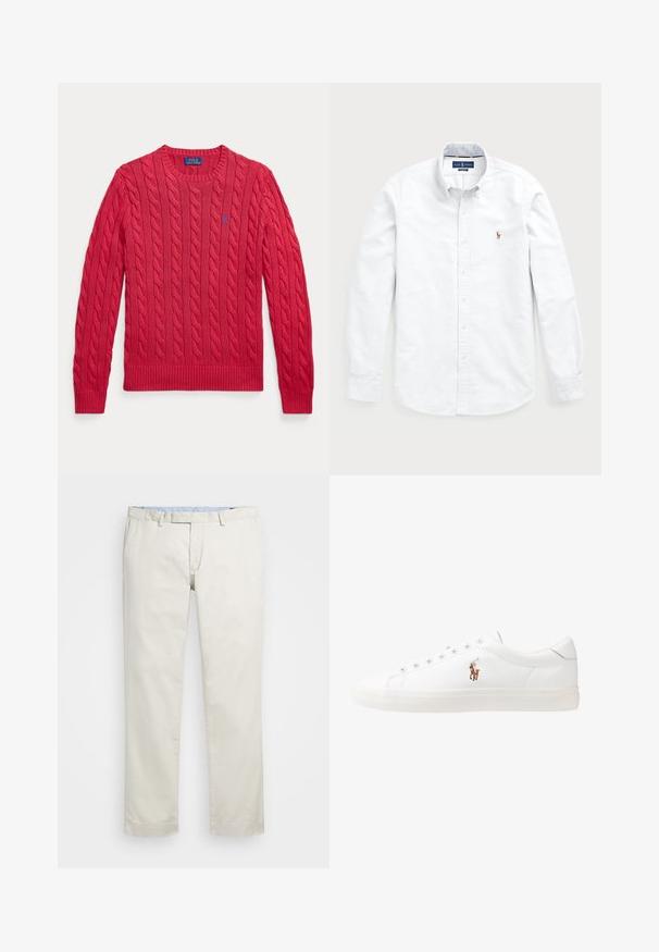 Röd kabelstickad tröja med rund hals och långa ärmar samt en liten blå broderad logotyp på vänster bröst.; Vit långärmad skjorta med knappstängning, tillverkad av bomull. Har en spridd krage, knappstängning och en liten broderad logotyp på bröstet.; Beige bomullskinos med rak framdel, bältesöglor och sidofickor. Rakt ben med en slät textur och en lätt, andningsbar känsla.; Vita lädersneakers, låg design, med en slät yta, rund tå, snörning fram och en liten broderad logotyp på sidan.