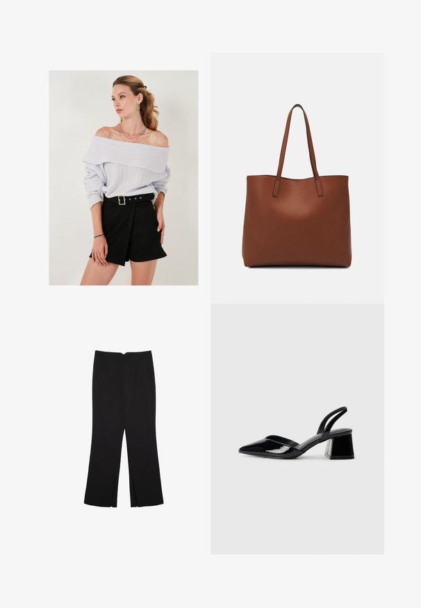 Vaaleanlila olkapäiltä avattu neulepaita, jossa on ribbikuvio, yhdistettynä korkeavyötäröisiin mustiin shortseihin, joissa on solkilukko-yksityiskohta.; Mustat housut suoralinjaisella leikkauksella, joissa on etutaskut ja sivurei'ät helman alla. Valmistettu pehmeästä ja sileästä kankaasta. Sopii eri tilaisuuksiin.; Mustat patentoitu nahkakengät, joissa on säären takaosa ja terävä kärki, sekä geometrinen palikkakorko. Sisältää tyylikkään, minimalistisen muotoilun ja sileän pinnan.; Ruskea nahkainen olkalaukku, jossa on sileä pinta, avoin yläosa ja kaksi olkahihnaa. Omaavat vain minimaalisen ompelun eikä näkyvää metalliosaa.