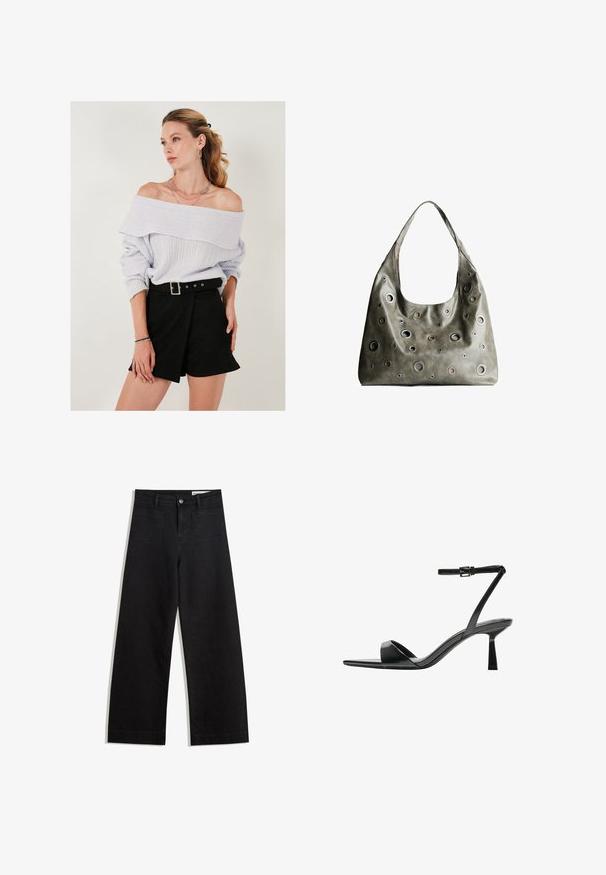 Light purple off-the-shoulder sweater with ribbed texture, paired with high-waisted black shorts featuring a buckle belt detail.; Black wide-leg denim pants with a high waist, featuring front and back pockets, stitched seams, and a button closure. Smooth texture.; Bershka High heeled sandals - black; Olive green leather handbag with a slouchy design, featuring various sized circular cutouts and accents in darker and lighter shades.