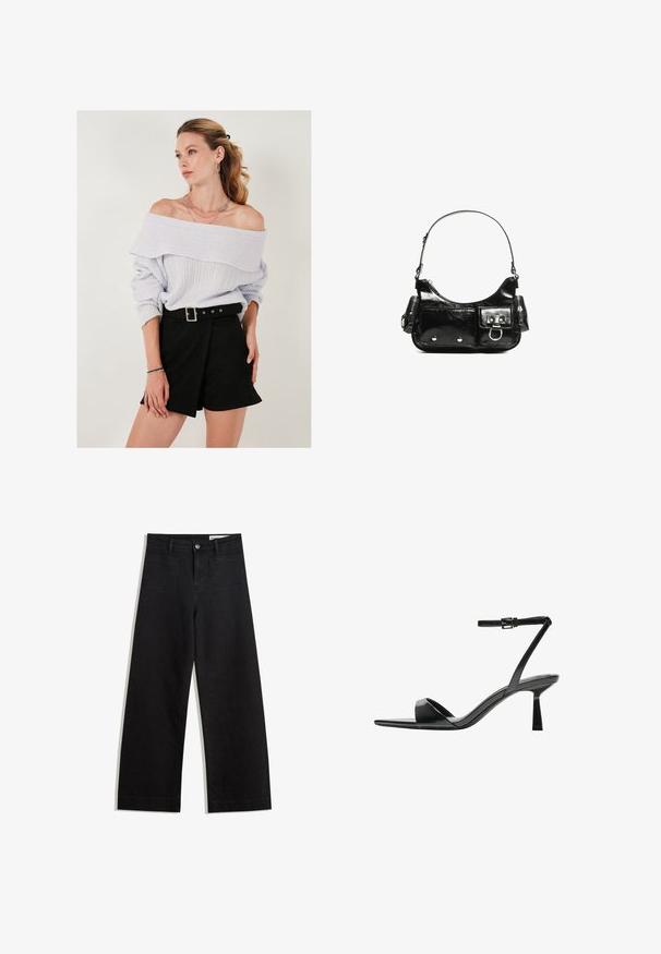 Világos lilaszínű, váll nélküli pulóver, bordázott textúrával, melyet magas derekú fekete sorttal kombináltak, övcsattal díszítve.; Fekete, bő szabású farmernadrág magas derékkal, elülső és hátsó zsebekkel, varrott felületekkel és gombos záródással. Sima textúra.; Bershka Magas sarkú szandálok - black; Fekete lakkbőr kézitáska ívelt formával, egy vállpánttal, elülső zsebekkel és ezüstszínű fémrészletekkel.