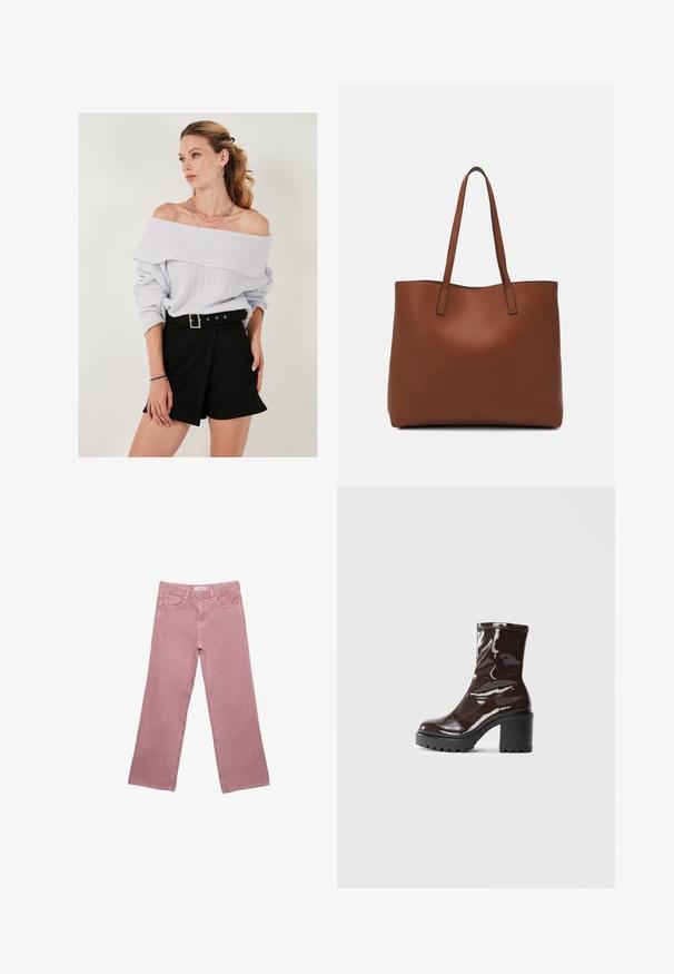 Svijetloljubičasti džemper s otkrivenim ramenima i rebrastom teksturom, uparen s crnim šortsevima visokog struka s detaljem remena na kopču.; Ružičaste široke traperice izrađene od denima, s visokim strukom, prednjim džepovima i diskretnim detaljima šivanja. Glatka tekstura bez uzoraka.; Sjajna burgundska čizma do gležnja s debelim crnim potplatom, koja se odlikuje glatkom teksturom i jednostavnim dizajnom. Nema vidljivih kopčanja ili uzoraka.; Smeđa kožna torba preko ramena s glatkom teksturom, otvorenim vrhom i dvjema naramenicama. Ima minimalne šavove i nema vidljivog hardvera.