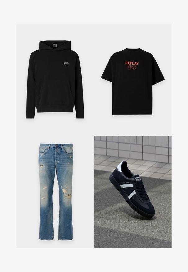 Sort hættejakke lavet af blødt stof med en frontlomme og hætte med snøre. Har et lille hvidt logo på brystet.; Sort bomulds t-shirt med korte ærmer, rund hals, med et rødt "REPLAY" logo og symboler centreret på brystet.; Lyseblå denimjeans med afslappet pasform, der har slidte detaljer og frynset lapper, med standard fem-lomme-design og knaplukning.; Sort lædersneaker med hvide striber, tekstureret gummisål og snørrebånd foran. Har et brandet mærke på tungen.