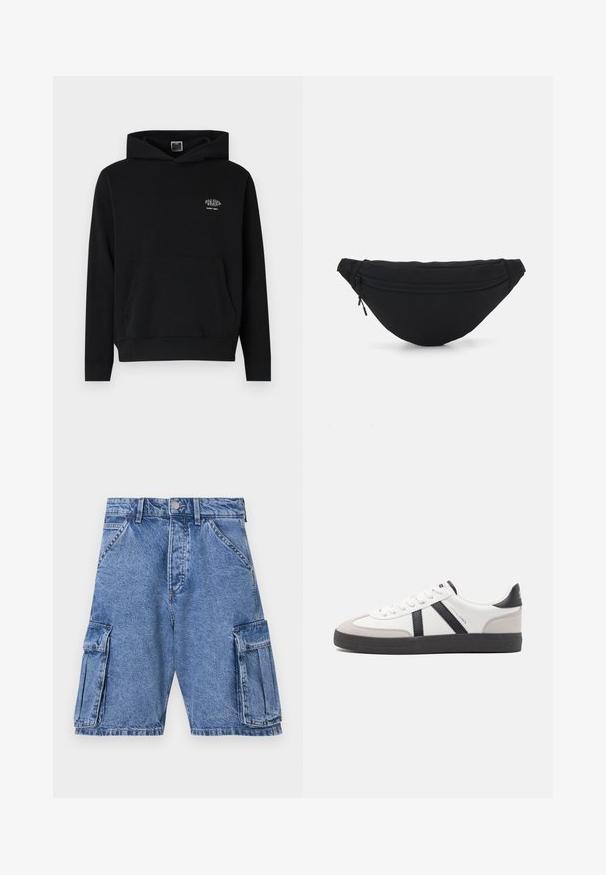 Zwarte hoodie gemaakt van zachte stof met een voorzak en een capuchon met trekkoord. Heeft een klein wit logo op de borst.; Blauwe denim cargoshorts met een hoge taille, meerdere cargozakken aan de zijkanten en een klassieke vijf-pocket stijl. Stonewashed textuur.; Witte sneaker met zwarte en grijze accenten, voorzien van een grijze neus met textuur, zwarte rubberen zool en platte witte veters. Schoon ontwerp, minimalistische stijl.; Zwarte stof heuptas met een afgeronde vorm, voorzak met rits en een gladde textuur. Geen zichtbare patronen of accenten. Lichtgewicht ontwerp.