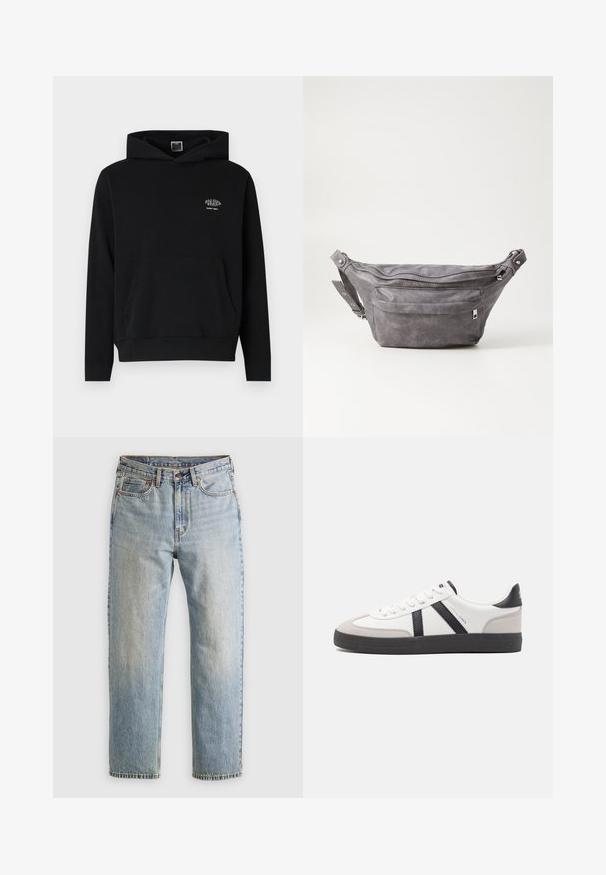 Sudadera negra hecha de un tejido suave, con un bolsillo frontal y capucha ajustable mediante cordón. Presenta un pequeño logo blanco en el pecho.; Jeans de mezclilla azul claro de cintura alta, con botón frontal, cremallera y diseño de cinco bolsillos, dispuestos sobre un fondo neutro.; Zapatilla blanca con acentos en negro y gris, que presenta una puntera texturizada en gris, suela de goma negra y cordones planos blancos. Diseño limpio, estilo minimalista.; Riñonera de ante gris con forma redondeada, dos compartimentos con cremallera y correa ajustable. Presenta acentos de metal.