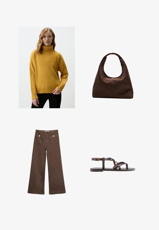 Jimmy Key TURTLENECK - Pullover - yellow; Pantalons larges marron en coton, dotés de deux poches avant avec des boutons argentés, et une texture lisse.; Sandale en cuir marron avec des brides entrecroisées, une fermeture à boucle à la cheville et une semelle plate avec des détails de couture minimaux.; Sac à main en toile marron doux de style hobo avec une large sangle unique et une ouverture en haut arrondie, présenté sur un fond blanc.