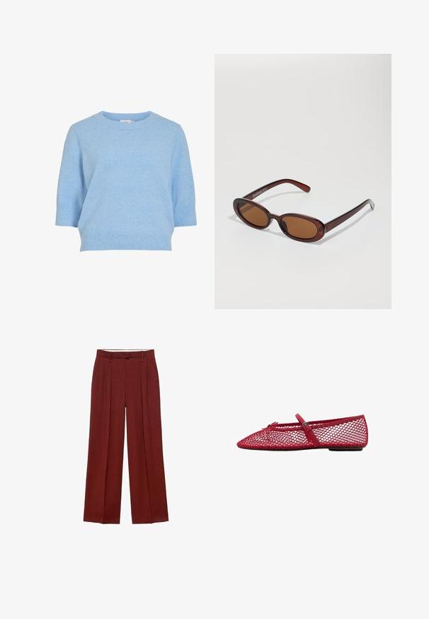 Vaalean sininen neulotun neulepaita, jossa on pyöreä pääntie, lyhyet hihat ja ribattu helma. Pehmeä rakenne ja rento istuvuus.; Avointaskuhousut syvän punaisessa sävyssä, joissa on korkea vyötärö, etupuolella laskokset ja sileä, teksturoitu kangas.; Punaiset verkkomateriaalista valmistetut balettikengät, joissa on teräväkärkinen muotoilu ja ohut nauha sekä solkiyksityiskohta. Yläsovitus on avoin, pesäkynttäkuvioitu.; Pyöreät, ruskehtavat aurinkolasit, joissa on kiiltävä burgundinpunainen runko. Kapeat sivut, joissa on hienovarainen brändäys. Litteät linssit.