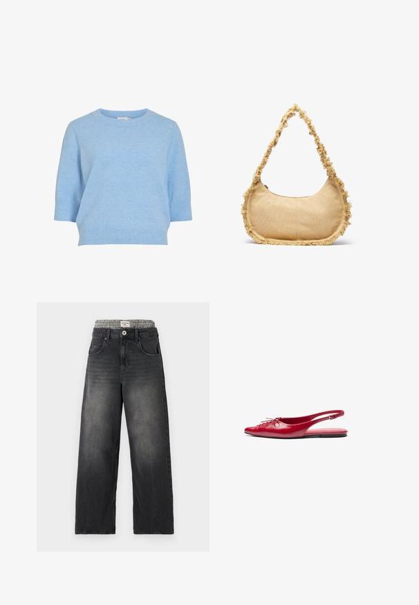 Lyseblå strikkegenser med rund halsutringning, korte ermer og ribbestrikket kant. Myk tekstur og avslappet passform.; Sorte denim bukser med vide ben og et houndstooth-mønstret taljebånd. Funktioner inkluderer forlommer og knappelukning. Slidt tekstur.; Rød lær slingback leplesko med spiss tå og dekorativ snøring foran, med en smal ankelrem og flat såle.; Teksturet beige veske med avrundet form, frynsete kant langs kantene, og en kort stropp for bæring. Glidelåsåpning på toppen.