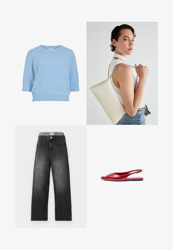 Lyseblå strikkegenser med rund halsutringning, korte ermer og ribbestrikket kant. Myk tekstur og avslappet passform.; Sorte denim bukser med vide ben og et houndstooth-mønstret taljebånd. Funktioner inkluderer forlommer og knappelukning. Slidt tekstur.; Rød lær slingback leplesko med spiss tå og dekorativ snøring foran, med en smal ankelrem og flat såle.; Hvit rektangulær clutch-veske laget av blankt materiale, med en sølvkjede-stropp. Modellen poserer og viser vesken mot en ensfarget bakgrunn.