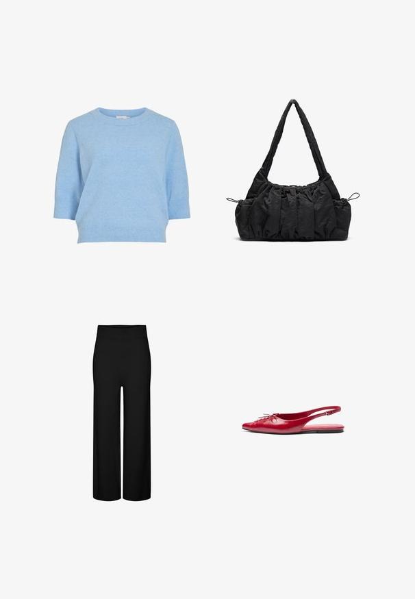 Lyseblå strikkegenser med rund halsutringning, korte ermer og ribbestrikket kant. Myk tekstur og avslappet passform.; Sorte vide benbukser med en elastisk midjebånd, med en glatt tekstur og ingen synlige mønstre eller detaljer.; Rød lær slingback leplesko med spiss tå og dekorativ snøring foran, med en smal ankelrem og flat såle.; Svart stoffhåndveske med rynket tekstur, to skulderstropper og snøring på sidene. Glatt, lett materiale.