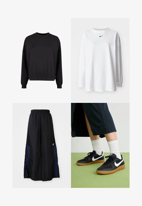 Svart genser med rund hals, avslappet passform og ribbestrikkede mansjetter. Har en subtil preget logo på forsiden. Mykt materiale med matt finish.; Hvit langermet t-skjorte laget av bomull, med rund halslinning og en liten svart Nike-logo på brystet. Enkel design, avslappet passform.; Svarte vide bukser laget av lett stoff, med et marineblått sidestykke og elastisk midjebånd. Liten hvit logo nederst.; Sorte lær- og syntetiske joggesko med hvit Nike swoosh, gummisåle, rund tå og sorte lisser. Ribbet hvite sokker synlige.