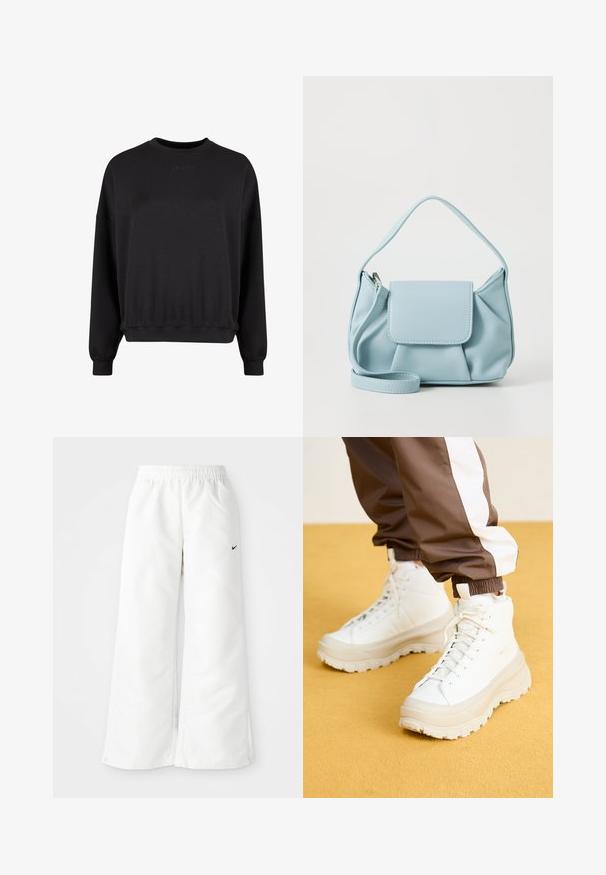 Hanorac negru cu guler rotund, croială lejeră și manșete ribbate. Prezintă un logo subtile embosat pe față. Material moale cu un finisaj mat.; Pantaloni sportivi albi cu un design cu picioare largi, talie elastică și un mic logo Nike negru pe partea stângă. Material neted și ușor.; Tenisi albi înălțați cu o talpă groasă și texturată, având un superior neted, vârf rotund și șireturi tonale, plasati pe un fundal galben.; Geantă din piele bleu deschis cu mânere de sus, buzunar frontal cu clapetă și curea detașabilă pentru încheietura mâinii, pe un fundal alb.