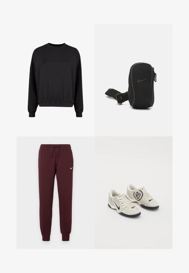 Mustavilla collegepaidalla, jossa on pyöreä pääntie, rento istuvuus ja ribbineulotut hihansuut. Edessä on hienovaraisesti kohokuvioitu logo. Pehmeä materiaali matta pinnalla.; Viininpunaiset collegehousut, joissa on joustava vyötärö ja nauha. Varustettu ribbireunuksilla ja pienellä valkoisella Nike-logolla vasemmassa reidessä. Sileä pinta.; Nike lenkkarit, joissa on beigen ja harmaan sävyinen teksturoitu päällinen, mustia yksityiskohtia, suuri "90" logo ja valkoinen nauhakiinnitys. Musta pohja.; Musta Nike-pussi, jossa on vetoketjukiinnitys, teksturoitu kangas, ruskeat yksityiskohdat ja irrotettava hihna. Etupuolella on suuri Nike-logo.