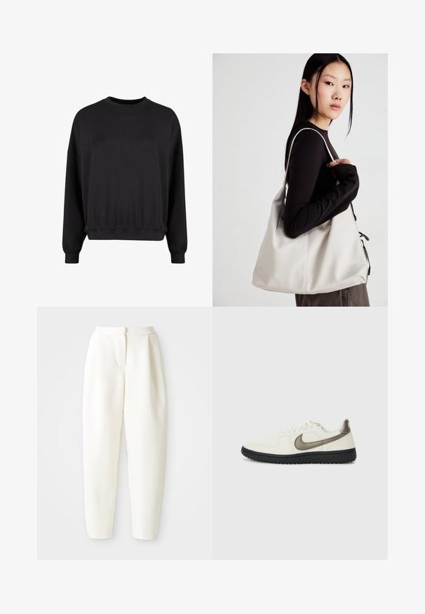 Hanorac negru cu guler rotund, croială lejeră și manșete ribbate. Prezintă un logo subtile embosat pe față. Material moale cu un finisaj mat.; Pantaloni albi, cu talie înaltă și croială conică, având închidere frontală ascunsă și buzunare laterale, expuși pe un fundal alb simplu.; Nike Sportswear FIELD GENERAL - Sneakers low - off-white/black; Geantă bej din material moale, cu un design lejer, detalii cusute și două bretele pentru umăr. Potrivită pentru utilizarea zilnică.