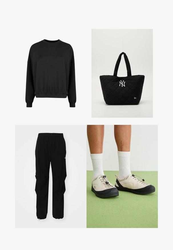 Fekete pulóver kerek nyakkal, laza szabással és bordás mandzsettával. Elülső oldalon diszkrét, domború logóval rendelkezik. Puha anyag, matt felülettel.; Fekete kültéri nadrág, tartós anyagból készült, laza fitnesz, rugalmas derékpánttal és állítható hosszúságú, behúzható szárakkal rendelkezik.; Beige cipők fekete részletekkel, hálós oldalpanelekkel és biztonságos fűzőn húzóval. Vastag gumi talp, mintázott barázdával. Fehér zoknikkal viselve.; Steppelt fekete táska dupla fogantyúval, fehér New York Yankees logóval és egy kis márkájú emblémával az oldalon.