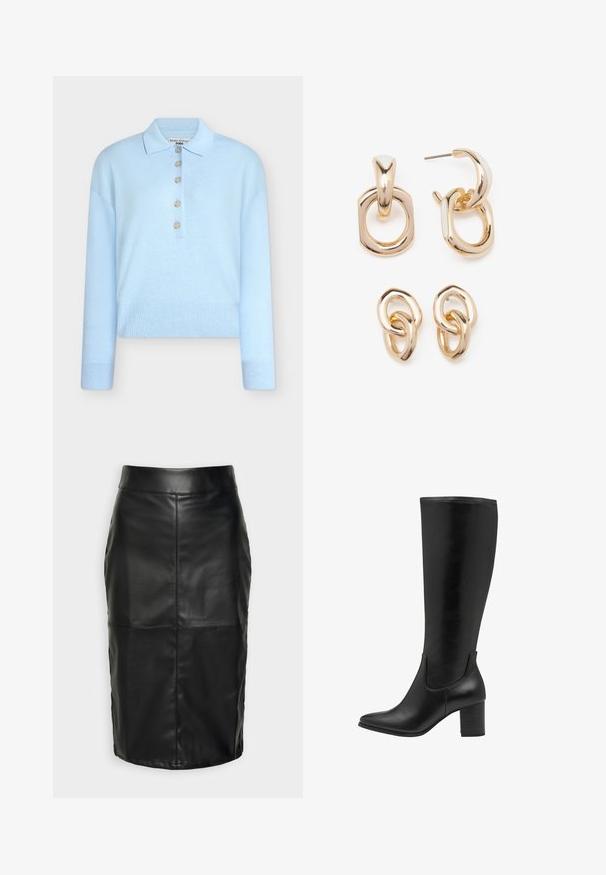 Light blue, cropped knit sweater with a flat collar and five button closure. Features long sleeves and ribbed texture at the hem.; Black leather skirt with a smooth texture, featuring a high waistband and stitched seams creating an understated, structured shape.; Black knee-high boots made of smooth leather. They feature a tapered toe, block heel, and elastic side panels for ease of wear.; Gold-toned earrings featuring a mix of geometric shapes: a square, circle, and linked oval designs with a polished finish.