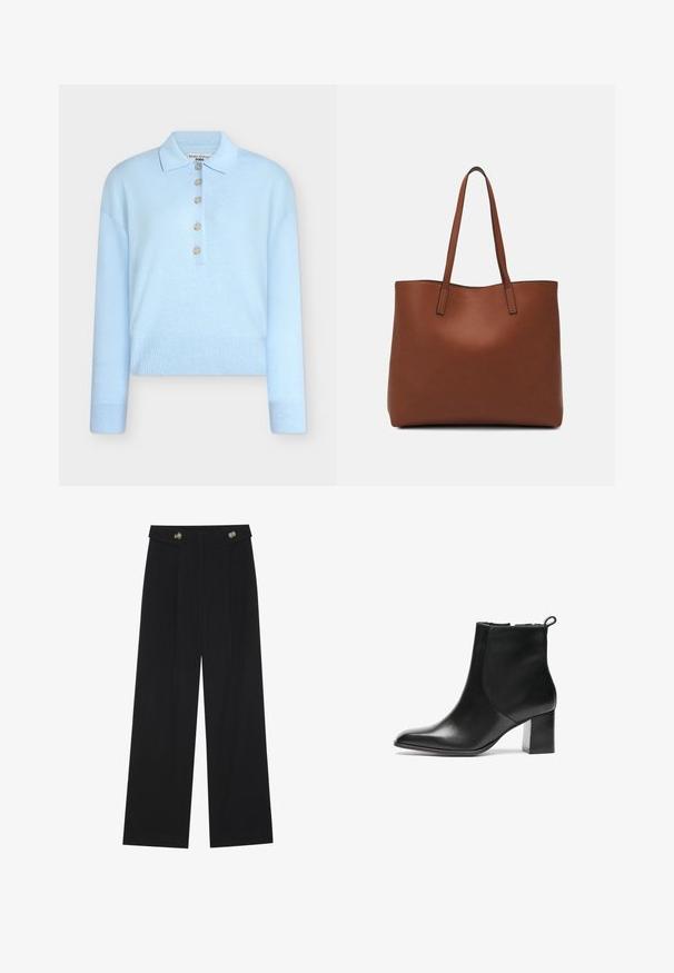 Light blue, cropped knit sweater with a flat collar and five button closure. Features long sleeves and ribbed texture at the hem.; Black wide-leg trousers with high waist, button details on waistband, and front pleats.; Black leather ankle boot with a rounded toe, a mid-height block heel, and a pull tab at the back. Smooth texture, minimal design.; Brown leather tote bag with a smooth texture, open top design, and two shoulder straps. Features minimal stitching and no visible hardware.