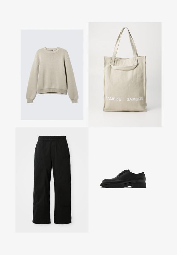 Beige pletený svetr s kulatým výstřihem, dlouhými rukávy a žebrovanými manžetami a lemem. Obsahuje strukturovaný vzor po celém povrchu.; Košile v béžové a bílé kostkované vzoru s světle modrými akcenty. Dlouhé rukávy, zapínání na knoflíky vpředu a jedna náprsní kapsa. Bavlněný materiál.; Černé bavlněné kalhoty s elastickým pasem, širokým střihem nohavic a velkými bočními kapsami. Tkanina působí měkce a má hladký povrch.; Černé kožené společenské boty s texturovaným povrchem, kulatou špičkou, pěti otvory na tkaničky a pevnou černou podrážkou. Jednoduchý, rovný design.; Plátěná taška v světlé béžové barvě s dvojitými rukojeťmi, na přední straně s bílým potiskem loga "SAMSOE". Obdélníkový tvar s jednoduchým designem.