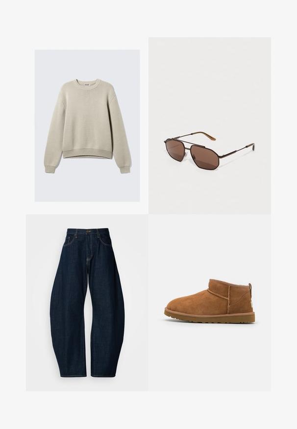 Bežs adīts džemperis ar apaļu kaklu, garām piedurknēm un ribotām aprocēm un apakšmalu. Iekļauj teksturētu rakstu visā džemperī.; Tumši zili džinsi ar platu kāju dizainu, kas izceļas ar izteiktu šuvju, piecām kabatām un misiņa pogas aizdari jostas vietā.; Bēša zamšas potītes zābaks ar noapaļotu purngalu, smalkiem diegu dekorējumiem un teksturētu gumijas zoli. Īsa augstuma bez auklām.; Brūnas astoņstūrīgas saulesbrilles ar plānu melnu metāla rāmi, akcentētas ar brūnām kājām. Tumšas tonētas lēcas nodrošina UV aizsardzību.