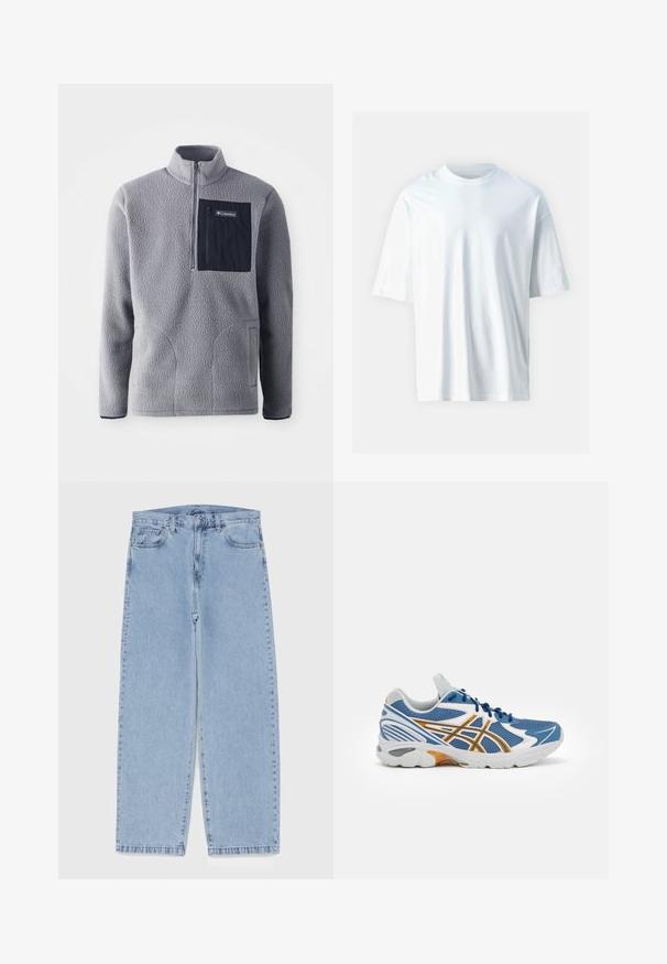 Sudadera de forro polar gris con cuello de media cremallera, un bolsillo en el pecho de color azul marino, dos bolsillos laterales y tejido texturizado. Diseño ligero y casual.; Camiseta blanca de manga corta hecha de algodón suave. Presenta un escote redondo, un ajuste relajado y una textura suave. Sin patrones ni acentos visibles.; Jean de mezclilla azul claro con diseño de pierna recta, con una cintura de altura media, cinco bolsillos y un cierre de botón y cremallera.; Zapatilla deportiva azul con parte superior de malla, acentos en blanco y naranja, media suela acolchada y suela exterior de goma texturizada. Presenta un diseño con cordones.
