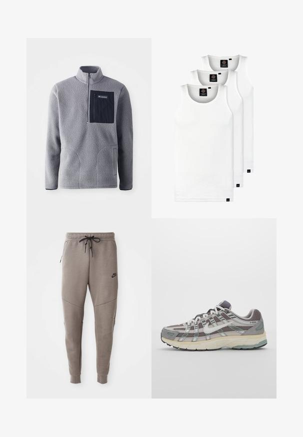 Szürke polár pulóver félcipzárral, tengerészkék mellzsebbel, két oldalsó zsebbel és texturált anyaggal. Könnyű és laza dizájn.; Három fehér csíkos pamut trikó. Felső része kerek nyakkivágású, és a szegély közelében kis fekete címkék találhatók. Több méretben elérhető.; Szürke Nike melegítőnadrág húzózsinórral a deréknál, keskeny lábakkal, oldalsó zsebekkel és jellegzetes varrás részletekkel. Puha, texturált anyag.; Szürke sportcipő, hálós és velúr felsőrésszel, fehér részletekkel, párnázott talppal és jellegzetes dizájnnal, amely visszaverő elemeket tartalmaz.