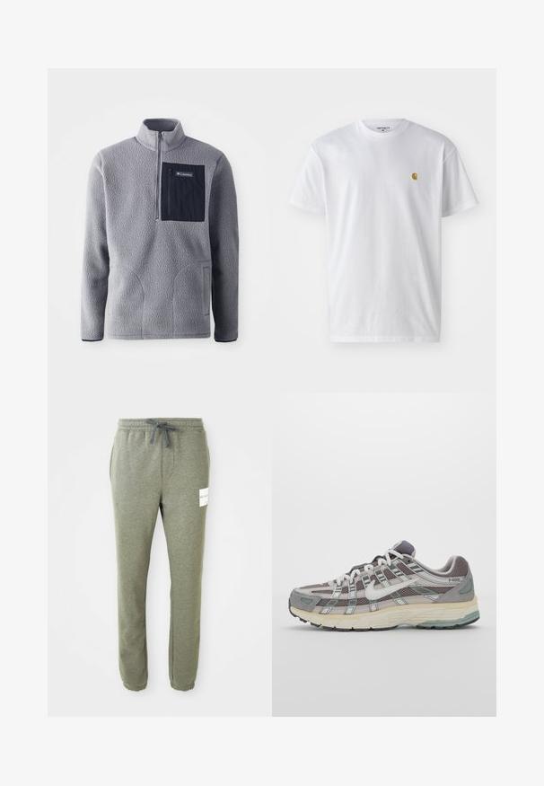Pullover cinza em lã, com gola de zíper até ao meio, um bolso no peito azul-marinho, dois bolsos laterais e tecido texturizado. Design leve e casual.; T-shirt branca de algodão com mangas curtas, decote redondo, apresentando um pequeno logótipo dourado na área do peito esquerdo. Textura macia e ajuste regular.; Sweatpants cinzento heather, com cintura elástica, cordão, bolsos laterais, punhos nos tornozelos e um pequeno rótulo branco da marca na coxa direita.; Sapatilha atlética cinza com parte superior em malha e camurça, detalhes brancos, sola acolchoada e um design distinto com elementos refletivos.
