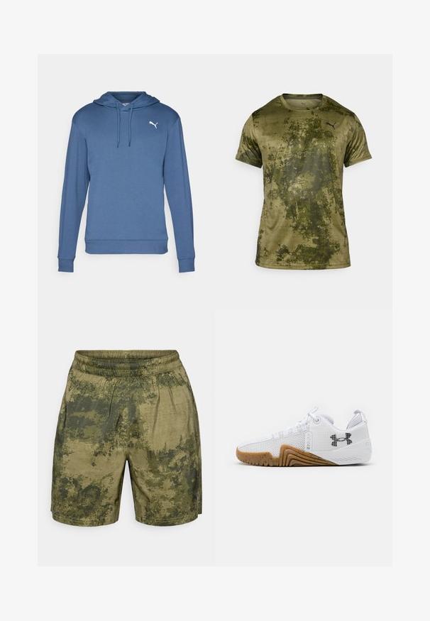 Blaues Kapuzensweatshirt aus weichem Material. Verfügt über eine Kängurutasche, gerippte Bündchen und ein weißes Puma-Logo auf der Brust.; Kurzarmliges Sport-Shirt in Olivgrün mit einer strukturierten, gemusterten Oberfläche. Verfügt über ein kleines schwarzes Logo auf der oberen linken Brust.; Tarnmuster-Shorts in verschiedenen Grüntönen, aus leichtem Stoff gefertigt, mit einem elastischen Bund und einer lässigen Passform.; Weiße Sportschuhe mit einem Obermaterial aus Mesh, einer Gummisohle in Braun, strukturierten Akzenten und einem schwarzen Logo an der Seite.