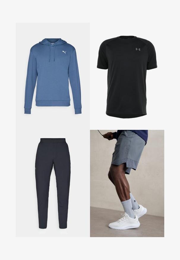 Blaues Kapuzensweatshirt aus weichem Material. Verfügt über eine Kängurutasche, gerippte Bündchen und ein weißes Puma-Logo auf der Brust.; Schwarzes kurzärmeliges Sportshirt aus glattem, leichtem Material. Verfügt über einen runden Ausschnitt und ein dezentes Logo auf der Brust.; Schwarze Sporthose mit glatter Textur, schlankem Schnitt, elastischem Bund und seitlichen Taschen. Mit einem kleinen Logo auf dem linken Oberschenkel.; Weiße Sportschuhe mit strukturiertem Mesh-Obermaterial, kombiniert mit hellblauen gerippten Socken mit einem Logo. Graue Sportshorts mit perforiertem Saum.