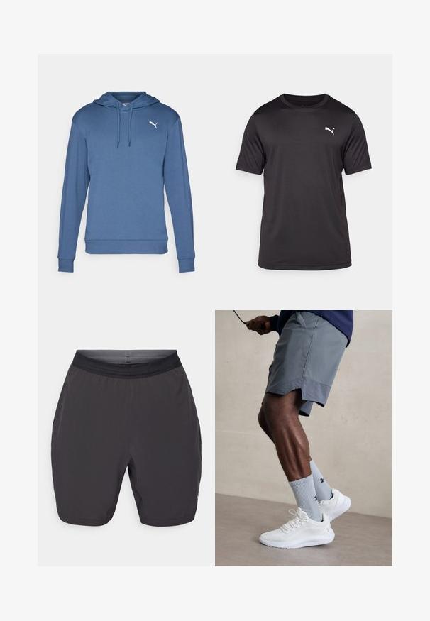 Sudadera con capucha azul hecha de tejido suave. Cuenta con un bolsillo tipo canguro, puños acanalados y un logo de Puma blanco en el pecho.; Camiseta atlética negra hecha de tejido que absorbe la humedad, con cuello redondo y mangas cortas, que presenta un pequeño logo blanco en el pecho izquierdo.; Pantalones cortos deportivos grises hechos de un tejido ligero. Cuentan con una cinturilla elástica, bolsillos laterales y textura suave. Sin patrones visibles.; Zapatillas deportivas blancas con parte superior de malla texturizada, combinadas con calcetas de canalé azul claro que cuentan con un logo. Pantalones cortos deportivos grises con borde perforado.