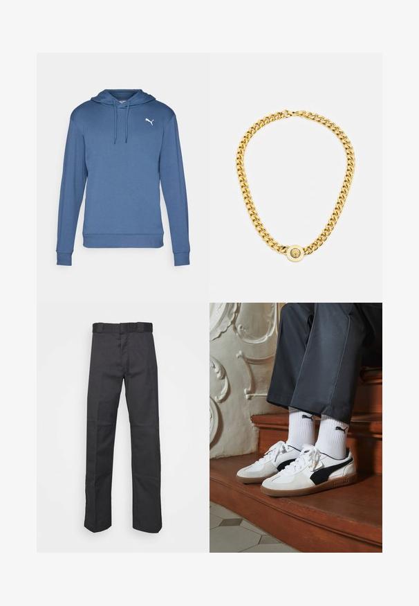 Mėlynas gobtuvas su švelniu audiniu. Su kengūros kišene, iškiliais rankogaliais ir baltu Puma logotipu krūtinėje.; Juodos kelnės, pagamintos iš patvarios medžiagos, su tiesiais kaire, juosmeniu su diržo kilpomis ir siūlėmis, suteikiančiomis tekstūrą.; Puma sportbačiai baltoje ir juodoje zomšo spalvų derinys, su rudu guminio pado apdaila. Derinama su baltais kojiniais, kuriuose pavaizduota juoda logotipas, dėvimi su tamsiomis kelnėmis.; Auksinė grandinė su dideliais susijungusiais žiedais, centruje uždedamas apskritas pakabukas su iškilnia emblema.