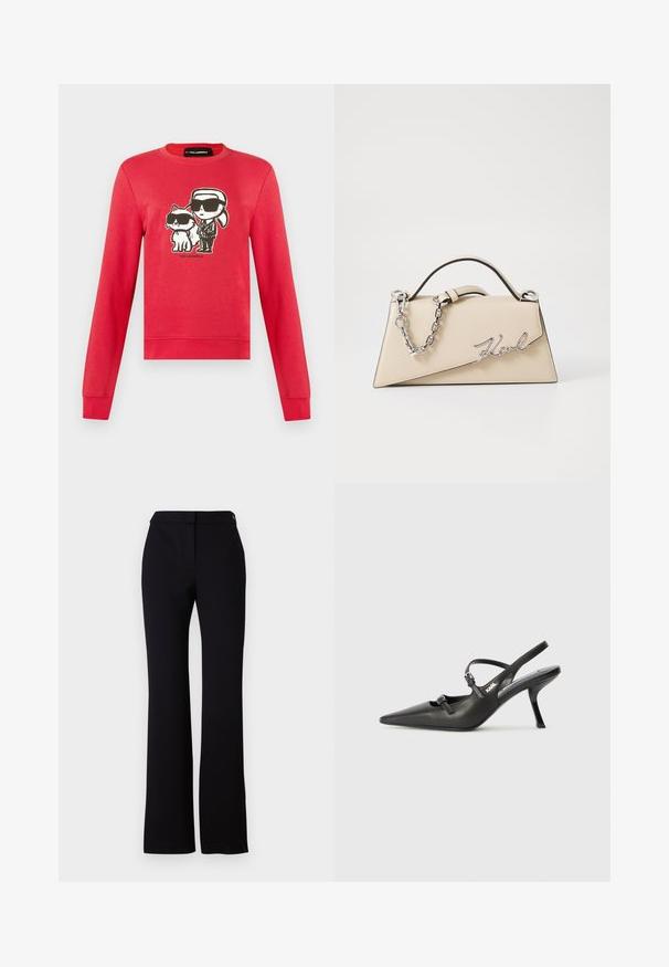 Červená mikina s dlhým rukávom so сурреоm osoby so zoskupenými vlasmi a mačkou, obidvaja v čiernych slnečných okuliaroch, pod ktorými je text „Karl Lagerfeld“.; Biele bavlnené tričko s čiernym lemovaním, ktoré má červenú srdcovú grafiku vytvorenú štetcom a ručne písaný text "Karl" v čiernej farbe.; Čierne nohavice so strihom do rovna, hladkým povrchom a pásom s jedným gombíkom na zapínanie. Žiadne viditeľné vzory ani akcenty.; Čierne kožené slingback topánky na vysokom podpätku s ostrou špicou, štíhlym podpätkom a dekoratívnym detailom s prackou na priehlavku. Hladká textúra a elegantný dizajn.; Béžová kožená kabelka so štruktúrovaným trojuholníkovým tvarom, s kovovým strieborným reťazovým uškom a zakriveným logom z kovu.