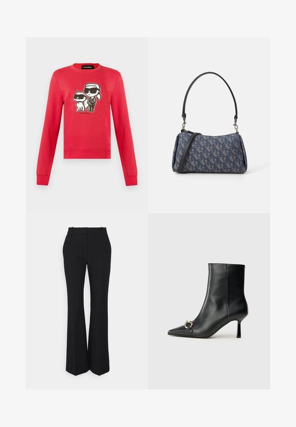 Sudadera roja de manga larga con dibujo animado de una persona con coleta y un gato, ambos con gafas de sol negras, con el texto "Karl Lagerfeld" debajo.; Pantalones negros con pliegues y diseño de pierna recta, fabricados en una tela suave. Presentan una cintura alta y bolsillos laterales invisibles.; Botín negro de cuero hasta el tobillo con punta afilada, tacón delgado de altura media y detalle de hebilla plateada en el lateral, sobre un fondo liso.; Bolso de mano de tela con un patrón azul, que presenta una forma curva, una correa de cuero negra y un diseño de logo en un tono más claro.
