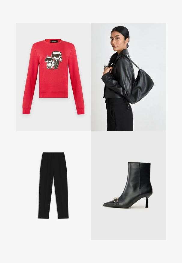 Rode trui met lange mouwen met een cartoon van een persoon met een paardenstaart en een kat, beide met zwarte zonnebrillen, met de tekst "Karl Lagerfeld" eronder.; Zwarte broeken met een rechte pasvorm, voorzien van dubbele plooien, een zachte textuur en een klassiek taillebandontwerp. Geen zichtbare hardware of accenten.; Zwarte leren enkelboot met spitse neus, slanke middenhoge hak en zilveren gespdetail aan de zijkant op een effen achtergrond.; Zwarte lederen schoudertas met een gladde textuur, voorzien van een zilveren rits, verstelbare schouderband en ronde vorm.