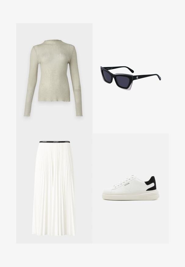 Jasnobeżowa, prążkowana bluzka z długim rękawem i wysokim dekoltem. Wykonana z miękkiego, teksturowanego materiału. Posiada ukośne szwy na rękawach.; Plisowana biała spódnica z czarnym elastycznym pasem z logo "LACOSTE". Średniej długości, o miękkiej teksturze.; Białe skórzane sneakersy z grubą białą podeszwą, czarnym zamszowym akcentem na pięcie oraz wytłoczonym logotypem z boku. Projekt z sznurówkami i sześcioma dziurkami.; Czarne, oversize okulary przeciwsłoneczne o geometrycznym kształcie, z ciemnymi soczewkami i kontrastującym szarym detalem na oprawie. Logo na ramieniu.; Srebrne kolczyki koła o gładkiej, błyszczącej powierzchni, z zakrzywionym kształtem i zapięciem na sztyft. Minimalistyczny design z nowoczesnym wykończeniem.