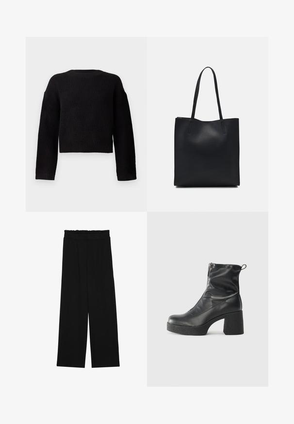 Svart strikket genser med rund hals, lange ermer og cropped design. Teksturert stoff med ribbede mansjetter og nederkant.; Svarte vide bukser med rynket liv, med to sidelommer og et glatt, lett stoff. Ingen synlige mønstre eller metalldeler.; Svarte ankelstøvler laget av glatt lær, med glidelås på siden, chunky strukturert hæl, og rund tå-design.; Svart lær tote bag med glatt tekstur, rektangulær form og to lange håndtak. Ingen synlige deler eller dekorasjoner.