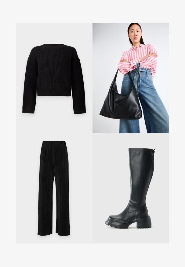 Suéter preto tricotado com decote redondo, mangas longas e um design cropped. Tecido texturizado com punhos e bainha canelados.; Calças pregueadas pretas com uma cintura elástica. Apresentam pernas largas e um tecido liso, texturizado com riscas verticais.; Bota preta de couro alta com sola de plataforma robusta e salto bloco, apresentando puxador e padrão texturizado na sola.; Bolsa de ombro em couro preto com uma forma descontraída e detalhes costurados. O modelo usa uma camisa listrada em rosa e branco com jeans de perna larga azul.