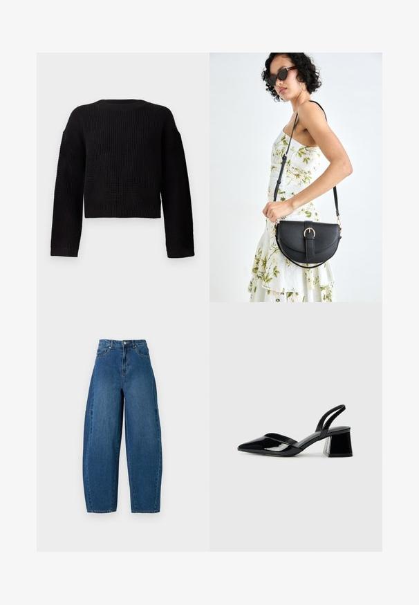 Pulover negru din tricot cu guler rotund, mâneci lungi și un design scurt. Material texturat cu manșete și tiv ribbate.; Jeans din denim cu o nuanță medie de albastru, având talie înaltă, tăietură cu picioare largi și un design standard cu cinci buzunare, cu detalii de cusătură vizibile.; Pantofi cu toc slingback din piele lacuită neagră, cu vârf ascuțit și toc geometric. Prezintă un design elegant, minimalist și o textură netedă.; Geantă din piele neagră, cu o formă curbată, curea detașabilă și accesorii aurii. Geanta are un capac cu un detaliu tip cataramă.