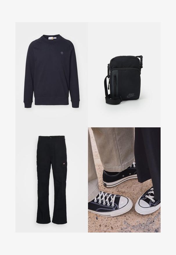 Tmavomodrá mikina vyrobená z mäkkého zmesového bavlneného materiálu, s klasickým okrúhlym výstrihom, raglánovými rukávmi a malým logom na hrudi.; Čierne cargo nohavice so vzorom rovného strihu, vyrobené z odolnej tkaniny, s bočnými vreckami a nášivkou logo na ľavej strane.; Čierne plátené tenisky s bielymi gumenými špičkami a šnúrkami. Kontrastné švy a kovové očká pridávajú detail. Nosené s béžovými nohavicami a čiernou látkou.; Čierna nylonová crossbody taška s uzamykateľnými priehradkami, nastaviteľným popruhom a diskrétnym logom na prednej strane. Hladká textúra a obdélnikový tvar.