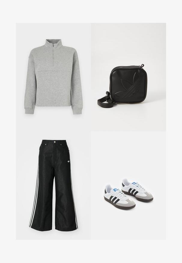 Grå zip-up sweatshirt med ståkrage, tillverkad av mjukt material. Har långa ärmar och en avslappnad passform med en horisontell sömdetalj.; Svarta vida denimbyxor med tre vita ränder på varje sida och en liten vit logotyp. Har framfickor och knäppning med knapp.; Sportskor med överdel i vit läder, grå mocka på tårna och tre svarta ränder. Har en blå logotyp på tungan och en texturerad gummisula.; Svart fyrkantig crossbody-väska i texturerat syntetmaterial. Har en präglad logodesign och justerbar rem. Dragkedjestängning.