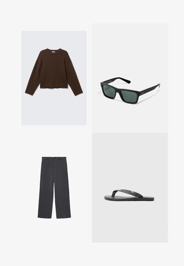 Dunkelbrauner, langärmeliger, gestrickter Rundhalspullover mit lockerer Passform und geripptem Kragen, auf einem schlichten hellen Hintergrund präsentiert.; Graue weite Hosen aus einem strapazierfähigen Stoff, mit einem Knopfverschluss, Gürtelschlaufen und seitlichen Taschen. Glatte Textur, gerader Schnitt.; Schwarze Flip-Flops mit strukturierten Riemen, flacher Sohle und gezacktem Rand. Hergestellt aus Gummi mit glatter Oberfläche und minimalistischer Gestaltung.; Schwarze rechteckige Sonnenbrille mit grünem Glas, mattem Finish, geraden Bügeln und dem Ray-Ban-Logo an der Seite.