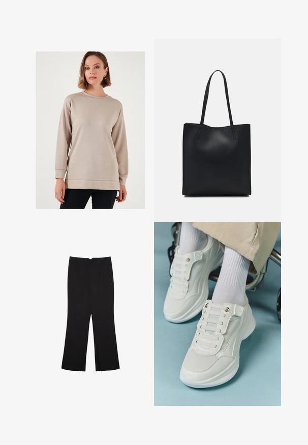 Svetlo béžová mikina s okrúhlym výstrihom, dlhými rukávmi a voľným strihom. Má hladkú textúru a rebrované manžety a spodný lem.; Čierne nohavice so strihom rovného strihu, s prednými vreckami a bočnými rozparkami na leme. Vyrobené z mäkkej, hladkej tkaniny. Vhodné na rôzne príležitosti.; Biele tenisky s materiálom z mlátenice, gumovou podrážkou, bezšnúrovým dizajnom s elastickými pásikmi a pozlátenými akcentmi.; Čierna kožená taška na rameno s hladkým povrchom, obdĺžnikovým tvarom a dvoma dlhými uchami. Bez viditeľného kovania alebo ozdôb.