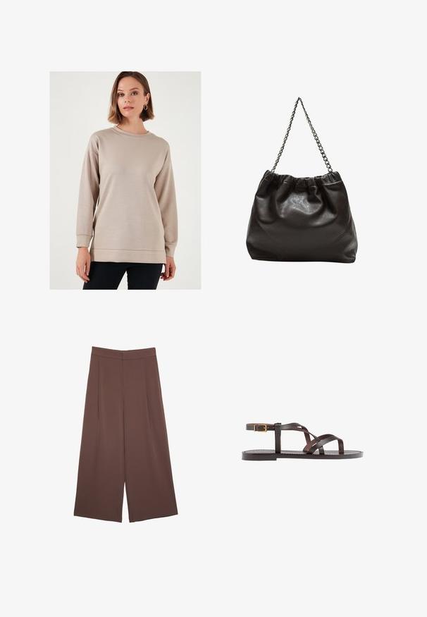 Svijetlosmeđi dukserica s okruglim izrezom, dugim rukavima i opuštenim krojem. Ima glatku teksturu te rebraste manžete i donji rub.; Smeđe hlače širokog kroja s glatkom teksturom, koje imaju visok struk i nabore sprijeda. Tkanina je lagana i slobodno se kreće.; Smeđe kožne sandale s iskrižanim trakama, umetkom za zapešće s kopčanjem i ravnim potplatom s minimalnim detaljima šivanja.; Smeđa kožna torba s naboranim vrhom i lančićem za nošenje. Glatka tekstura s sjajnim završetkom i suptilnim šavnim detaljima sa strane.