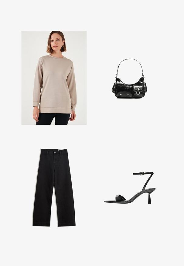 Világos bézs pulóver kerek nyakkivágással, hosszú ujjakkal és laza fit-es szabással. Simább textúrával rendelkezik, valamint bordás mandzsettákkal és szegéllyel.; Fekete, bő szabású farmernadrág magas derékkal, elülső és hátsó zsebekkel, varrott felületekkel és gombos záródással. Sima textúra.; Bershka Magas sarkú szandálok - black; Fekete lakkbőr kézitáska ívelt formával, egy vállpánttal, elülső zsebekkel és ezüstszínű fémrészletekkel.