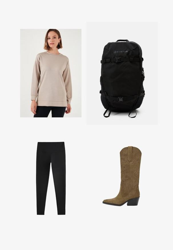 Sweatshirt beige clair avec un col rond, des manches longues et une coupe décontractée. Présente une texture lisse et des poignets et un ourlet côtelés.; Leggings noirs en tissu extensible, dotés d'une taille haute et d'une texture lisse, conçus pour le confort et la flexibilité.; Botte de cowboy en daim marron mi-mollet avec des motifs en spirale brodés, bout pointu, tirette et talon empilé noir incliné.; Burton DAY HIKER 2.0 22L - Sac à dos - true black