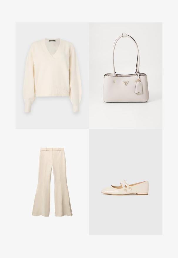 Vero Moda VMBOOM V NECK NOOS - Pullover - birch melange; Pantalons évasés beiges avec une texture lisse, présentant un devant plat, des passants de ceinture et de profonds fentes latérales à l'ourlet.; Ballerines en cuir verni ivoire avec deux sangles décoratives et boutons dorés, présentant un bout rond et un petit talon carré.; Sac à main en simili cuir beige avec une texture lisse, deux poignées de portée, des accessoires en or, une plaque logo et une étiquette attachée.