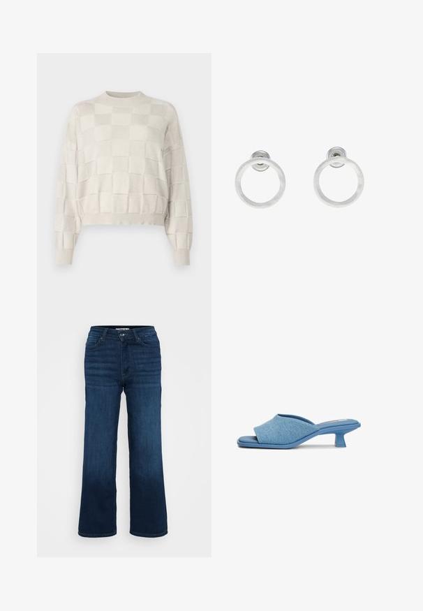 Jasno-beżowy, krótki sweter z teksturowanym wzorem w kratkę, okrągłym dekoltem i ściągaczami. Miękki materiał o subtelnym połysku.; ONLY Petite ONLMADISON WIDE ciemnoniebieski; Niebieskie denimowe klapki z krzyżowym paskiem, z niskim geometrycznym obcasem i gładką, teksturowaną powierzchnią.; Srebrne metalowe kolczyki w kształcie obręczy z matową teksturą, z okrągłym wzorem i przezroczystym zapięciem typu post, zapewniającym bezpieczne noszenie.
